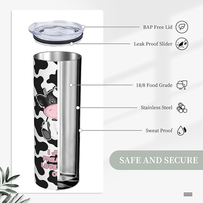 Skinny Tumbler Gift For Men Women, Cow Print Gifts For Women Funny Cow Print Tumbler Cup With Straw Lid 20 Oz,Cute Cow Reusable Stainless Steel Insulated Vacuum Slim Travel Coffee Mug