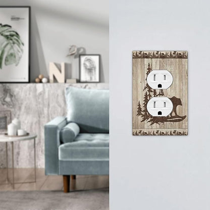 Rustic Wood Bear Forest 1 Gang Outlet Plate Covers Decorative Single Duplex Wall Plate Vintage Cabin Electrical Receptacle Light Switch Cover Art Faceplate Switchplate for Farmhouse Bedroom Decor