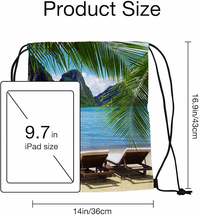 Summer Beach Drawstring Bags Sports Bag Two Beach Chairs Blue Sea Green Palm Distant Mountain Warm Sun Draw String Back Bag Men Women Adults 14x16.9 Inch