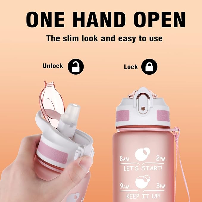 Prometheuz 32oz Water Bottle with Straw, Motivational Water Bottle with Time Marker, Water Bottles Leakproof & BPA-Free for Sports, Work and Fitness Rose Gold