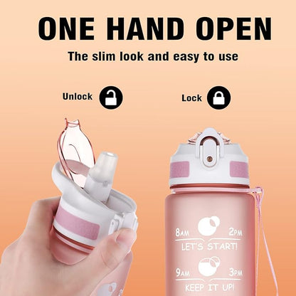 Prometheuz 32oz Water Bottle with Straw, Motivational Water Bottle with Time Marker, Water Bottles Leakproof & BPA-Free for Sports, Work and Fitness Rose Gold