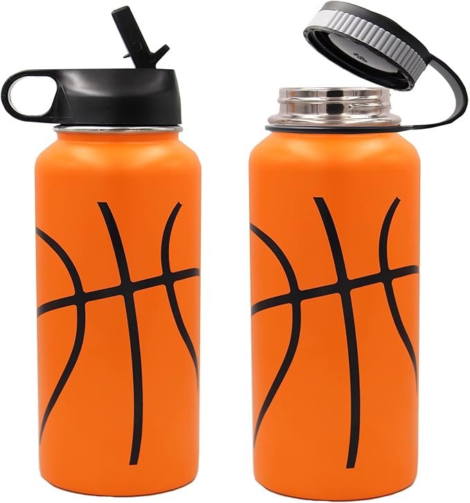 32 oz Basketball Water Bottle,Sports Flask with 2 Lids Straw Lid & Flex Cap,18/8 Stainless Steel Travel Tumbler Double Wall Vacuum Insulated Hot/Cold Gift for Mom Men (32oz, Basketball)