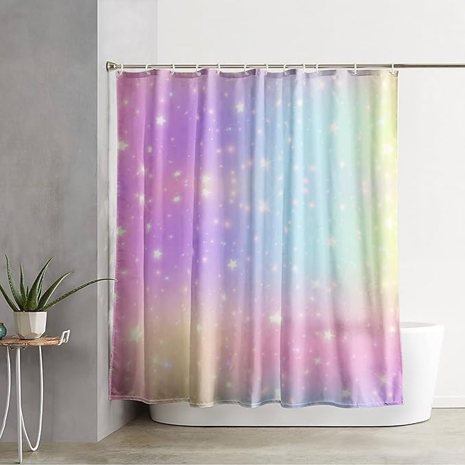 AILONEN Sparkling Stars Shower Curtain, Rainbow Shining Stars Cloth Bath Curtain Set for Girls Teens Kids Rainbow Lover,Fantasy Gradient Shower Curtain Liner,72" W*96" H