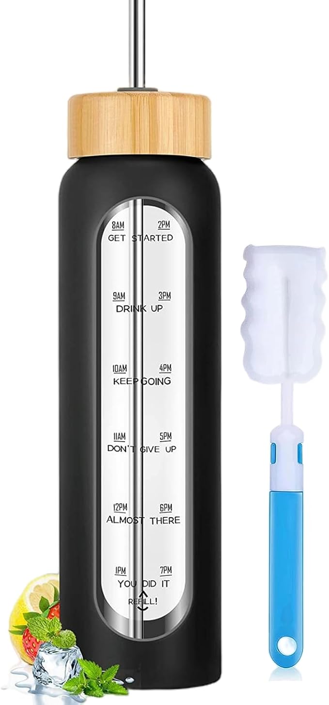 32 oz Glass Water Bottles with Straw - Motivational Glass Water Bottle with Time Marker & Silicone Sleeve(black)