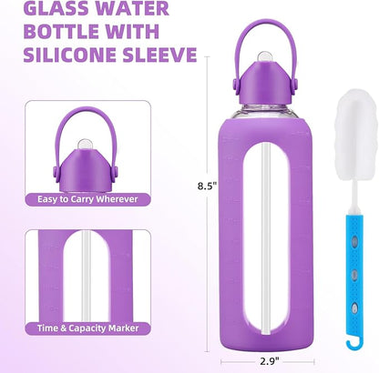 20 oz Glass Water Bottles with Straw Borosilicate Glass Water Bottle with Time Marker Motivational Water Bottles with Silicone Sleeve Leak Proof Reusable BPA Free