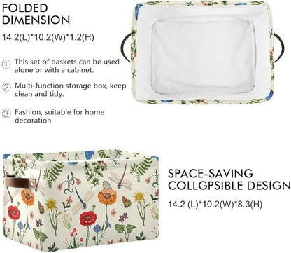 Spring Flowers Herbs Dragonfly Storage Basket Fabric Laundry Baskets Sunflower Lavender Daisy Storage Boxes Organizer Bag for Baby Cloth Dog Toy Book Storage Cubes Shelf Closet Bins 16x12x8 Inches