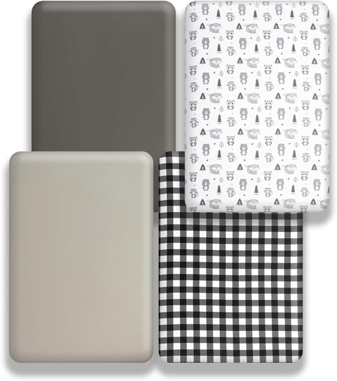 4 Pack Woodland Forest Animals Wood Neutral Unisex Fitted Baby Crib Sheets Set for Baby Boys or Girls Black and White