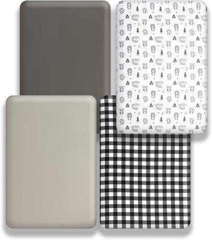 4 Pack Woodland Forest Animals Wood Neutral Unisex Fitted Baby Crib Sheets Set for Baby Boys or Girls Black and White