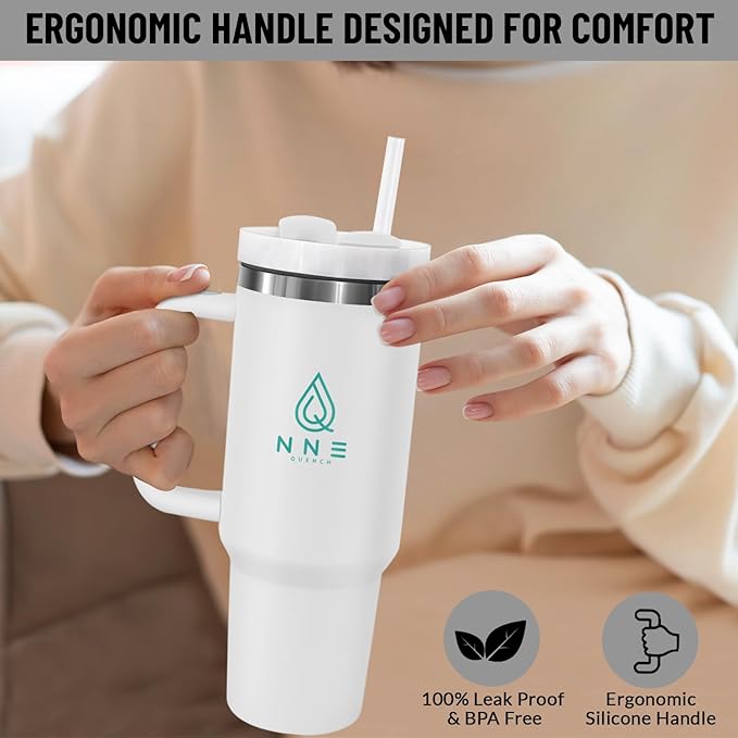 40oz stainless Steel Insulated Tumbler with Handle, lid and straw for cold water, Iced tea, or coffee - 100% Leak-Proof - Cupholder Friendly Travel Mug- Gifts for Women Men Him Her (white)