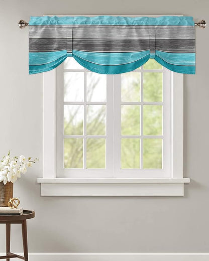 Farmhouse Blackout Tie Up Valance Curtains for Kitchen Windows, Aqua Blue Gray Window Toppers Balloon Shades for Living Room/Bathroom/Bedroom,1 Panel,42" X 12" Retro Rustic Barn Wood Texture