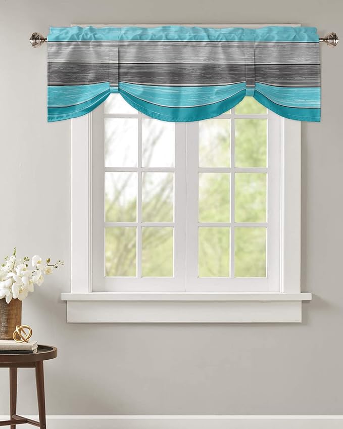 Farmhouse Blackout Tie Up Valance Curtains for Kitchen Windows, Aqua Blue Gray Window Toppers Balloon Shades for Living Room/Bathroom/Bedroom,1 Panel,42" X 18" Retro Rustic Barn Wood Texture