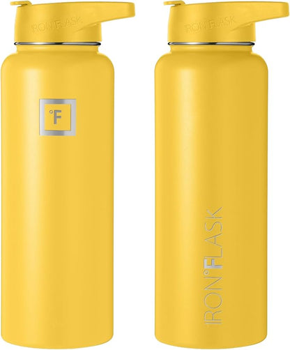 IRON °FLASK Sports Water Bottle - Wide Mouth with 3 Spout Lids - Stainless Steel Gym & Outdoor Bottles for Men, Women & Kids - Double Walled, Insulated Thermos, Metal Canteen - Honey Yellow, 40 Oz