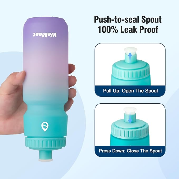 24oz Sport & Bike Squeeze Bottle, Leak Proof Bike Water Bottle with Capacity Scale, BPA Free, for Cycling, Mountain Biking, Running, Hiking (Green Pink Purple, 2 Pack)