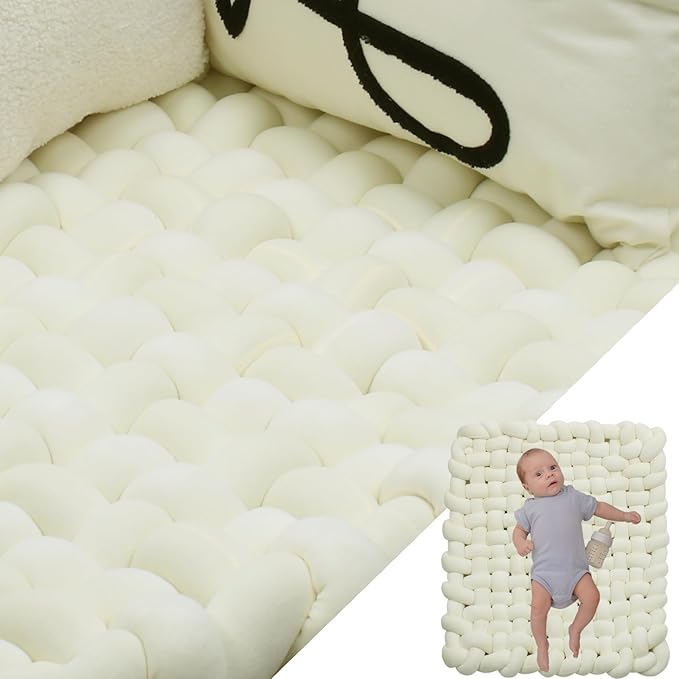 XHJRI Thickened Braided Knot Seat Mat, Knotted Floor Decorative Cushion, Handmade Baby Infant Playing Pad Nursery Rug (27.5 * 31.5 Inch,Beige)