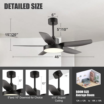 Modern Ceiling Fan with Light and Remote Control,46''Ceiling Fan with 3 Color Lights,Memory Function,5 Blades,6 Speeds,Outdoor Fan and Light for Living Room,Bedroom,Kitchen,Black