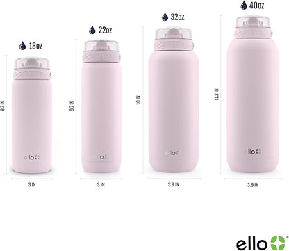Ello Cooper 40oz Stainless Steel Water Bottle with Straw and Carry Handle, Double Walled and Vacuum Insulated Metal, Leak Proof Locking Lid with Soft Silicone Spout, Reusable, BPA Free, Cashmere Pink