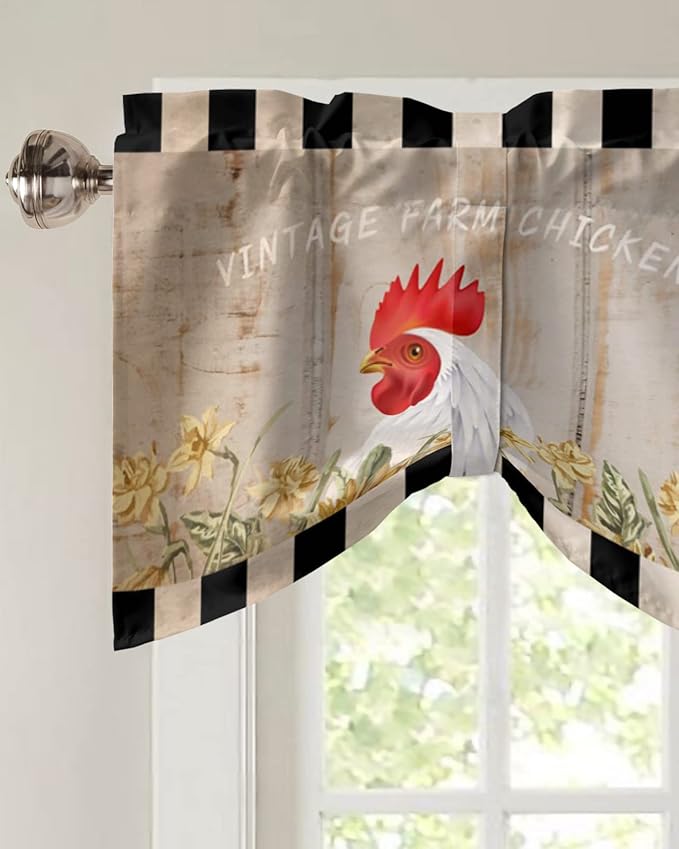 Farmhouse Blackout Tie Up Valance Curtains for Kitchen Windows Sunflower Vintage Farm Chicken Window Toppers Balloon Shades for Living Room/Bathroom/Bedroom,1 Panel,54" X 18" Black White Plaid