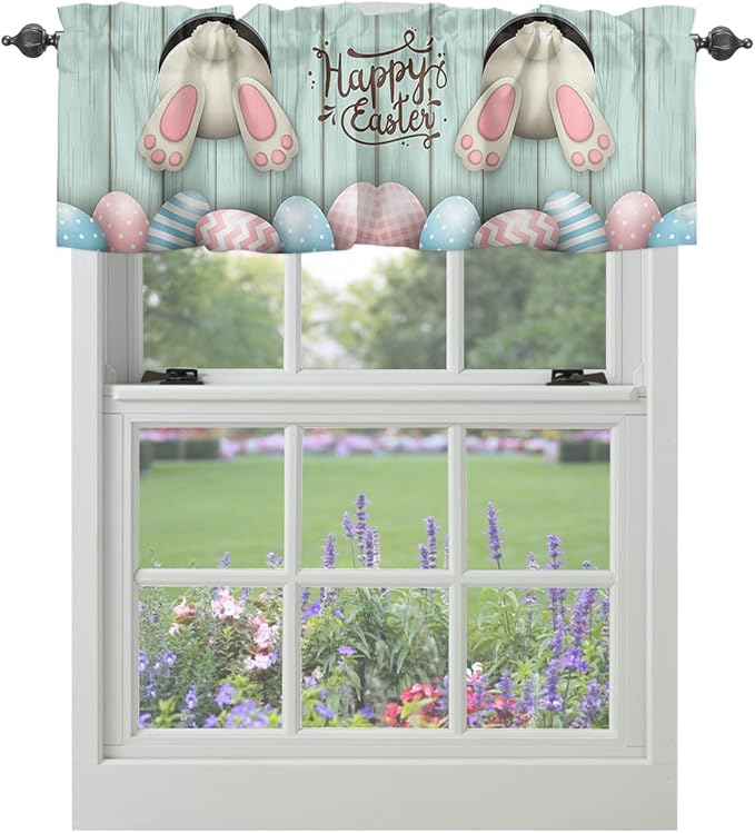 Happy Easter Valances Kitchen Curtains for Windows, Easter Bunny Tails Eggs Rabbit Spring Decor Rod Pocket Valances Blue Farmhouse Wood Short Curtains for Bedroom/Living Room,54" X 18" -1 Panel