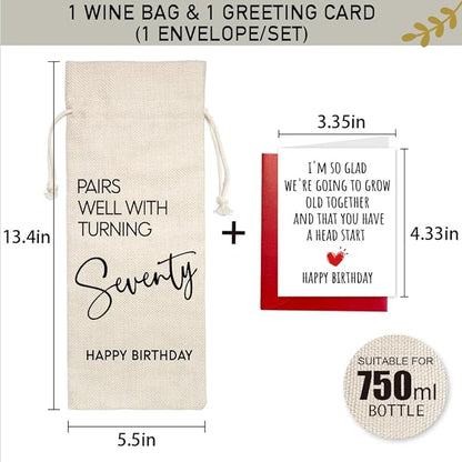 70th Birthday Gifts for Women Men, 70 Years Old Birthday Wine Bag, 70th Birthday Decorations, Happy 70th Birthday Party Wine Bag Gifts, Pairs Well With Turning 70, 1 Wine Bag With 1 Birthday Card
