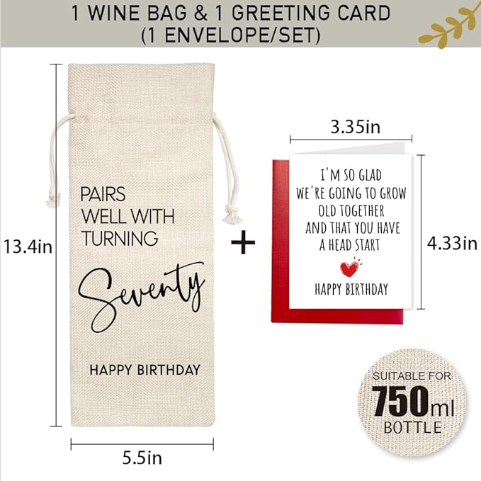 70th Birthday Gifts for Women Men, 70 Years Old Birthday Wine Bag, 70th Birthday Decorations, Happy 70th Birthday Party Wine Bag Gifts, Pairs Well With Turning 70, 1 Wine Bag With 1 Birthday Card