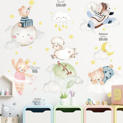 Animal Wall Sticker Clouds Bear Sheep Moon Wall Decals Children DIY Art Decal for Living Room TV Sofa Background Bedroom Kids Room Nursery