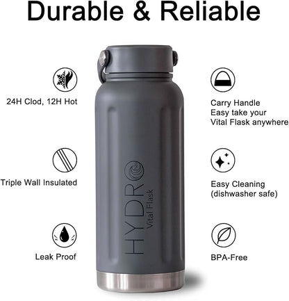 32 oz Insulated Water Bottles with Handle, Stainless Steel Water Bottle, Leak Proof Metal Water Bottle, Resuable Thermos BPA Free Flask, Gray 25oz | 32oz