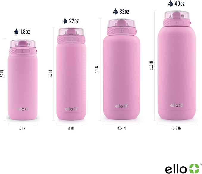 Ello Cooper 18oz Kids Stainless Steel Water Bottle with Straw and Carry Handle, Double Walled and Vacuum Insulated Metal, Leak Proof Locking Lid with Soft Silicone Spout, Reusable, BPA Free, Bubblegum