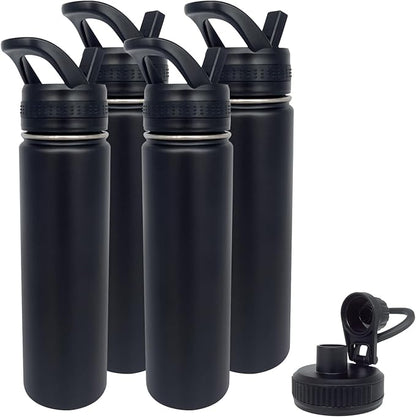 4pack 22 oz Insulated Water Bottle With Straw, Stainless Steel Sports Water Cup Flask with 2 Lids, Wide Mouth Travel Thermal Mug,Black