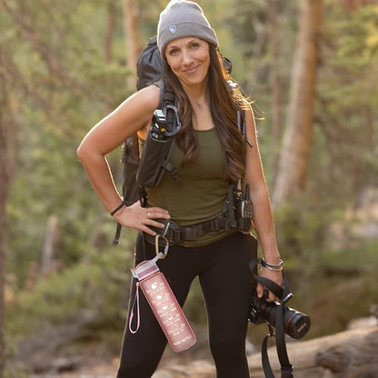 Prometheuz 32oz Water Bottle with Straw, Motivational Water Bottle with Time Marker, Water Bottles Leakproof & BPA-Free for Sports, Work and Fitness Rose Gold