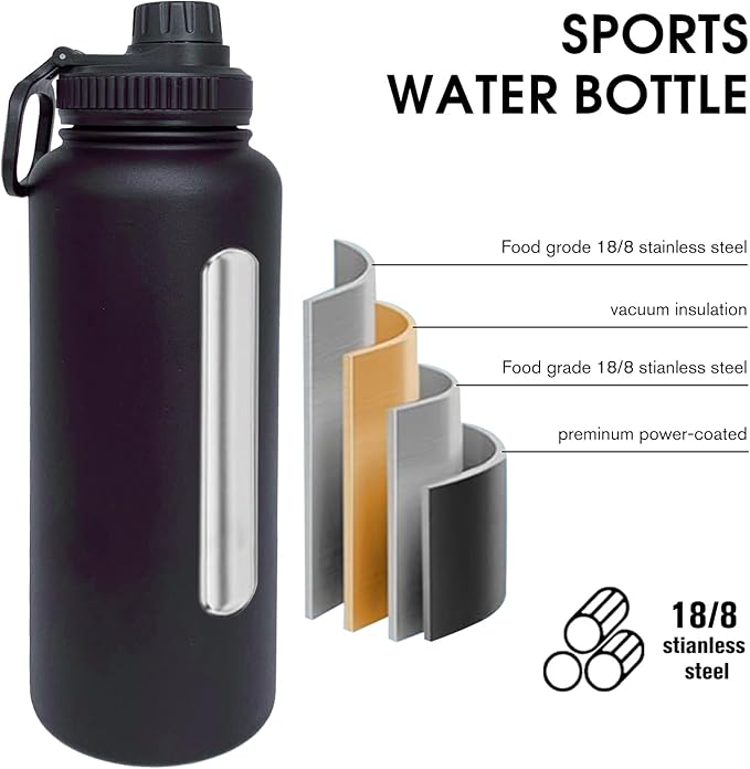 40oz Insulated Water Bottle ，Stainless Steel Sports Water Cup Flask with 2 Lids, Wide Mouth Travel Thermal Mug,Outdoor Sports Bottle（Blue Black）