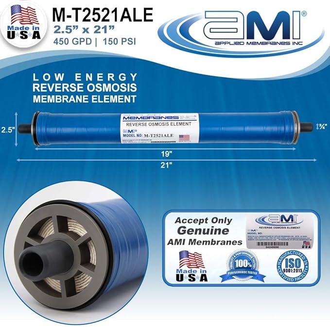 2.5" x 21" Low Energy Reverse Osmosis Membrane Element for Tap Water | 450 GPD at 150 psi | 99% Rejection | Replacement Commercial RO Membrane | Applied Membranes USA M-T2521ALE