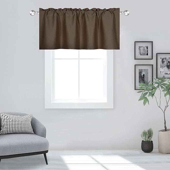 Brown Valance for Windows 42x18 Inch Solid Thermal Insulated Blackout Coffee Color Valance Rod Pocket for Bathroom Living Room 1 Panel