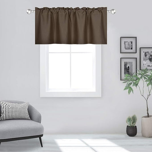 Brown Valance for Windows 42x18 Inch Solid Thermal Insulated Blackout Coffee Color Valance Rod Pocket for Bathroom Living Room 1 Panel