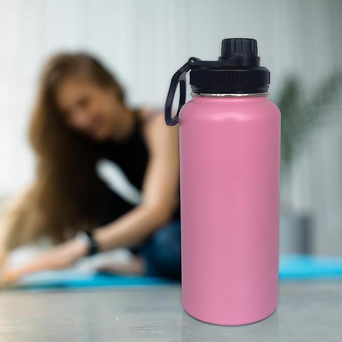 4pack 32 oz Insulated Water Bottle With Straw, Stainless Steel Sports Water Cup Flask with 2 Lids, Wide Mouth Travel Thermal Mug,Pink