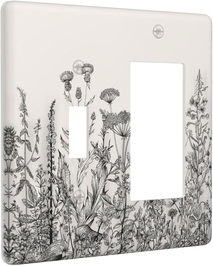Vintage Grey Floral Herbs Wild Flowers Botanical 2 Gang Single Toggle Rocker Combination Boho Light Switch Covers Decorative Country Unique Wall Plate Cover Electrical Faceplate Switchplate