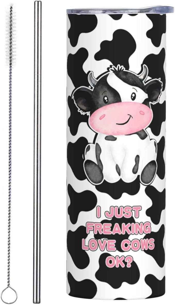 Skinny Tumbler Gift For Men Women, Cow Print Gifts For Women Funny Cow Print Tumbler Cup With Straw Lid 20 Oz,Cute Cow Reusable Stainless Steel Insulated Vacuum Slim Travel Coffee Mug