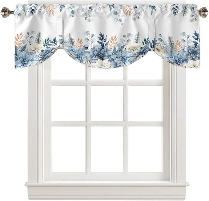 Blue Christmas Poinsettia Blackout Tie Up Valance Curtains for Kitchen Windows Winter Eucalyptus Leaves Window Toppers Balloon Shades for Living Room/Bathroom/Bedroom,1 Panel, 54" X 18",