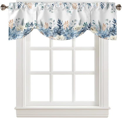 Blue Christmas Poinsettia Blackout Tie Up Valance Curtains for Kitchen Windows Winter Eucalyptus Leaves Window Toppers Balloon Shades for Living Room/Bathroom/Bedroom,1 Panel, 54" X 18",