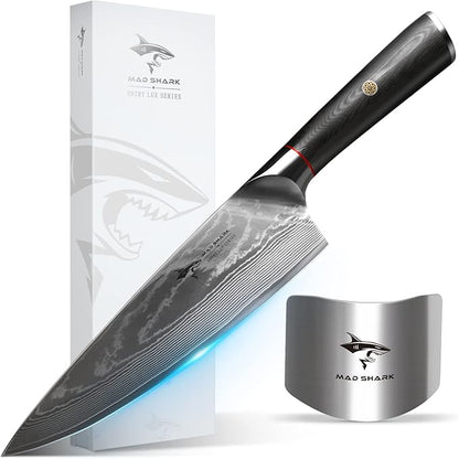 MAD SHARK Ultra Sharp Chef Knife, 8 inch Professional Kitchen Knife, Made of Super Damascus Stainless Steel, Non-stick Blade Chopping Knife with Ergonomic Handle, Finger Guard & Gift Box