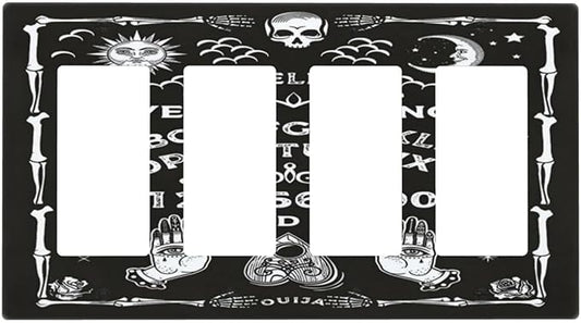 Black Witchy Skeleton Skull Gothic Sun Moon 4 Gang Rocker Decora Novelty Light Switch Cover Decorative Unique Outlet Covers Wall Plate Electrical Faceplate Switchplate GFCI for Bedroom