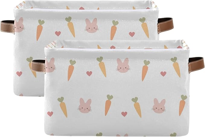Carrots Rabbits Animal Pattern Storage Bin Collapsible Rectangular Storage Basket Large Fabric Storage Boxes Organizer 1PC with Leather Handles for Clothes Toys Books Kitchen Laundry