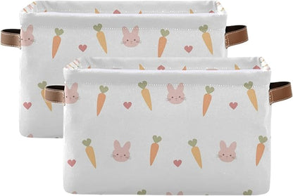 Carrots Rabbits Animal Pattern Storage Bin Collapsible Rectangular Storage Basket Large Fabric Storage Boxes Organizer 1PC with Leather Handles for Clothes Toys Books Kitchen Laundry