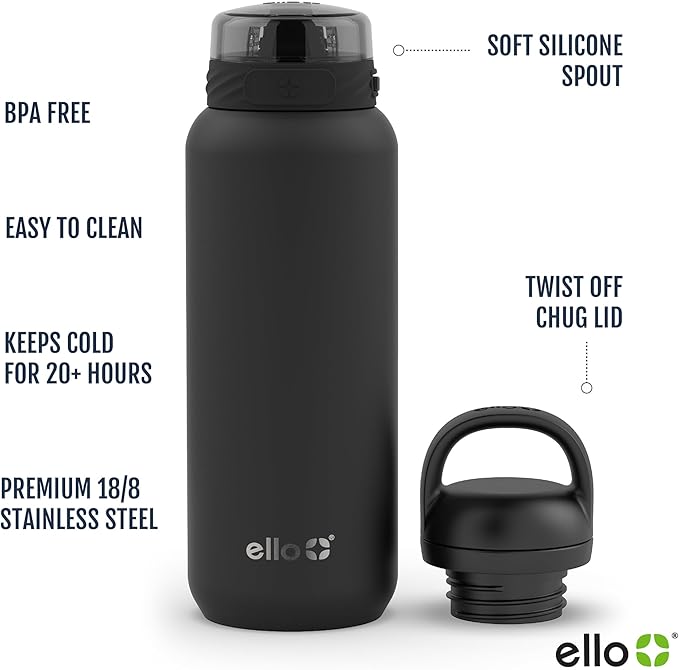 Ello Cooper 32oz Stainless Steel Water Bottle with 2 Lids Chug and Straw | Leak Proof | Double Walled and Vacuum Insulated | Built in Carry Loop | Dishwasher Safe | Black