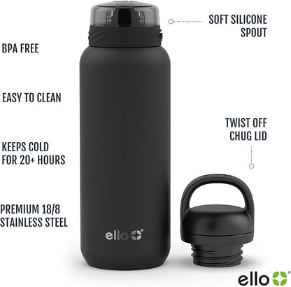 Ello Cooper 32oz Stainless Steel Water Bottle with 2 Lids Chug and Straw | Leak Proof | Double Walled and Vacuum Insulated | Built in Carry Loop | Dishwasher Safe | Halogen Blue