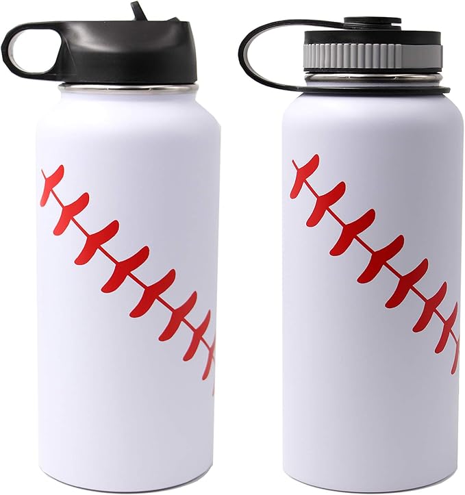32 oz Baseball Water Bottle, Wide Mouth Sports Flask Metal Travel Tumbler with 2 Lids 18/8 Stainless Steel Double Wall Vacuum Insulated (32oz, White baseball)