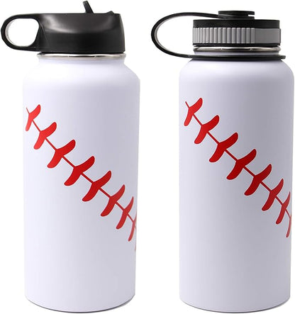 32 oz Baseball Water Bottle, Wide Mouth Sports Flask Metal Travel Tumbler with 2 Lids 18/8 Stainless Steel Double Wall Vacuum Insulated (32oz, White baseball)