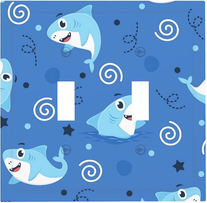 Cute Sharks Cartoon Double Toggle Light Switch Covers 2 Gang Wall Plate Dual Decorative Switchplate Electrical Faceplate for Bathroom Country Kitchen Bedroom Decor, 4.9" x 5"