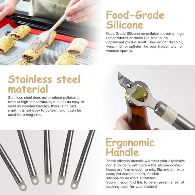 Kitchen Utensil Set-Silicone Cooking Utensils-33 Kitchen Gadgets & Spoons for Nonstick Cookware-Silicone and Stainless Steel Spatula Set-Best Kitchen Tools, Useful Pots (Khaki)