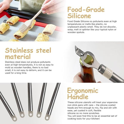 Kitchen Utensil Set-Silicone Cooking Utensils-33 Kitchen Gadgets & Spoons for Nonstick Cookware-Silicone and Stainless Steel Spatula Set-Best Kitchen Tools, Useful Pots (Khaki)