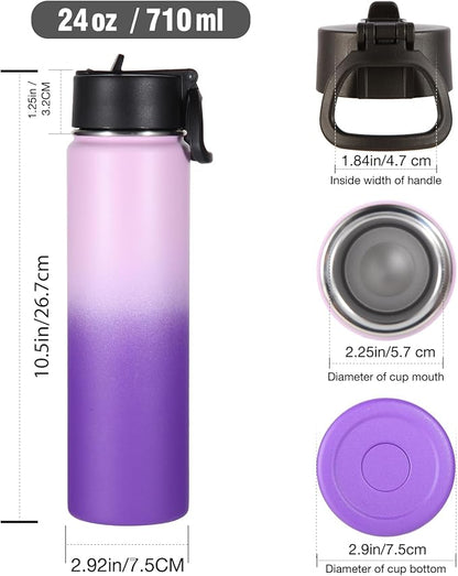Volhoply 24 Ounce Insulated Water Bottle With Straw Lid,Stainless Steel Wide Mouth Sport Bottles With Handle,Double Wall Vacuum Thermos keep Cold,Reusable Travel Thermal Cups For Holder(Lavender,1)